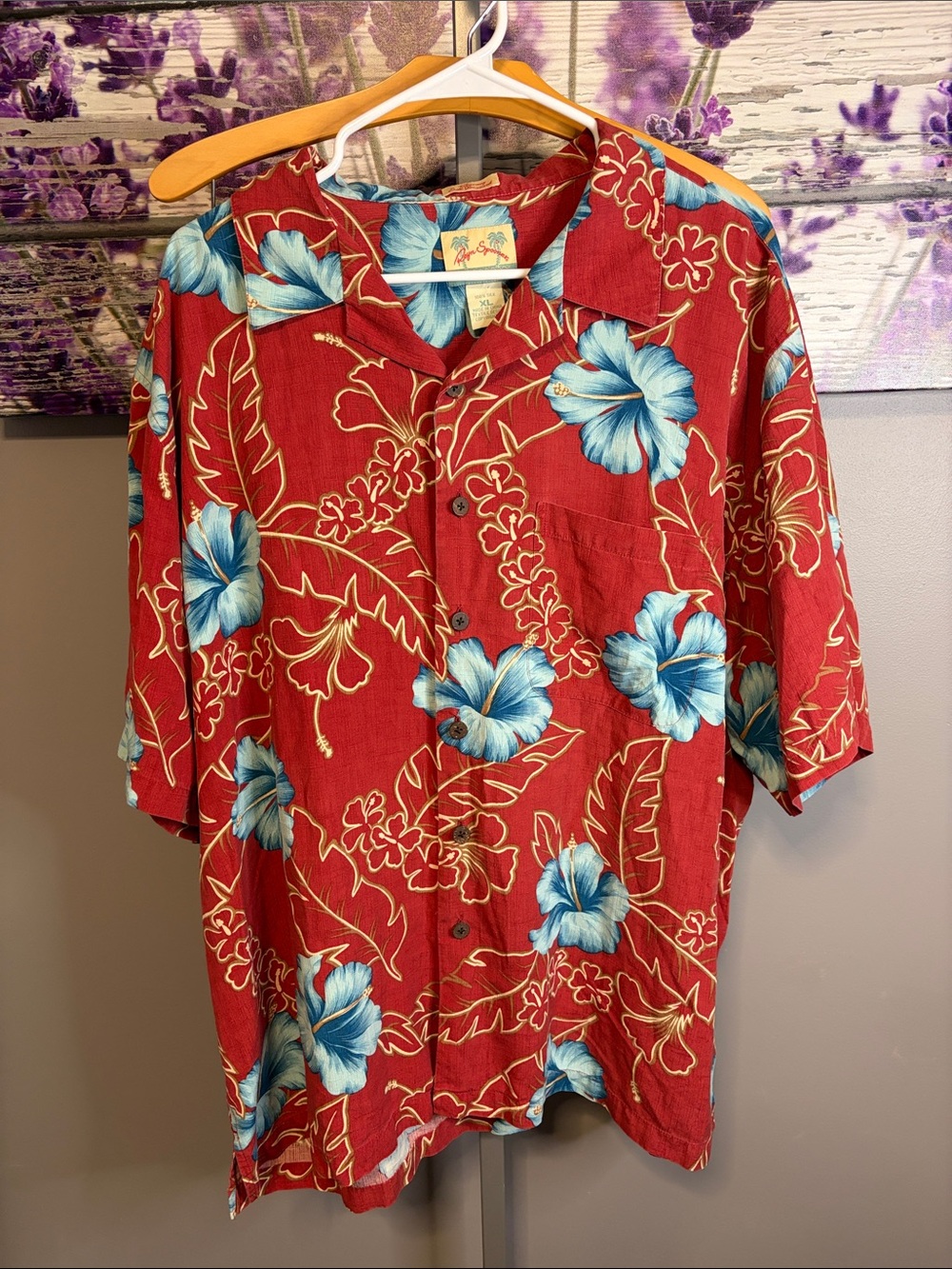 Vintage reyn spooner Red Button-Down Shirt with Blue Floral Print 100% Silk